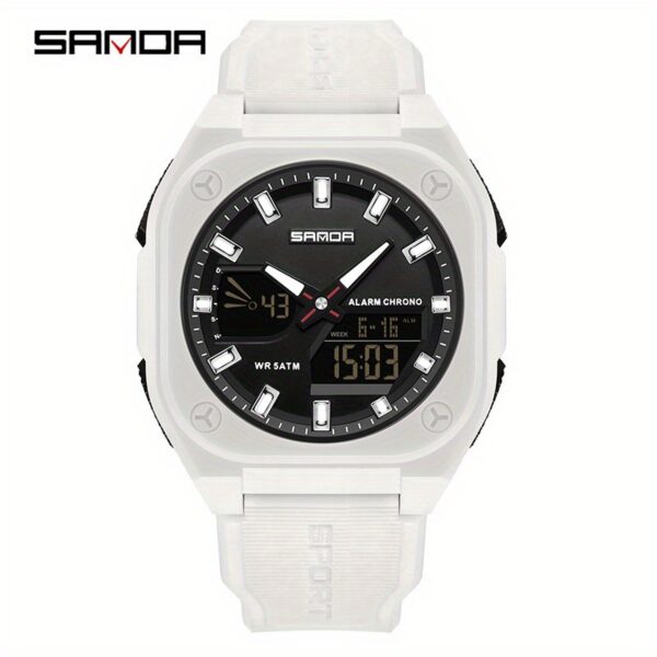 Showcase the SANDA Apex Men's Digital Sports Watch, highlighting its sleek design and durable build. A man is shown wearing the watch during an outdoor activity, emphasizing its suitability for an active lifestyle.