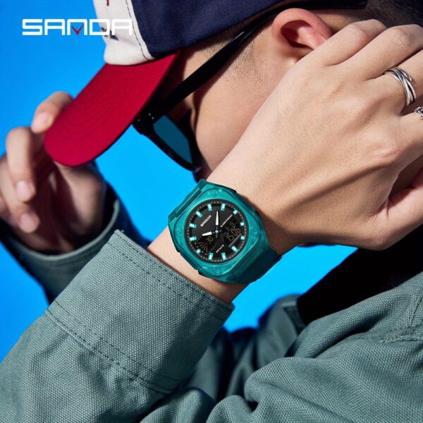 Showcase the SANDA Apex Men's Digital Sports Watch, highlighting its sleek design and durable build. A man is shown wearing the watch during an outdoor activity, emphasizing its suitability for an active lifestyle.