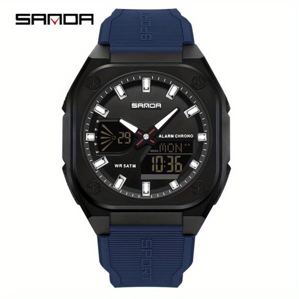 Showcase the SANDA Apex Men's Digital Sports Watch, highlighting its sleek design and durable build. A man is shown wearing the watch during an outdoor activity, emphasizing its suitability for an active lifestyle.