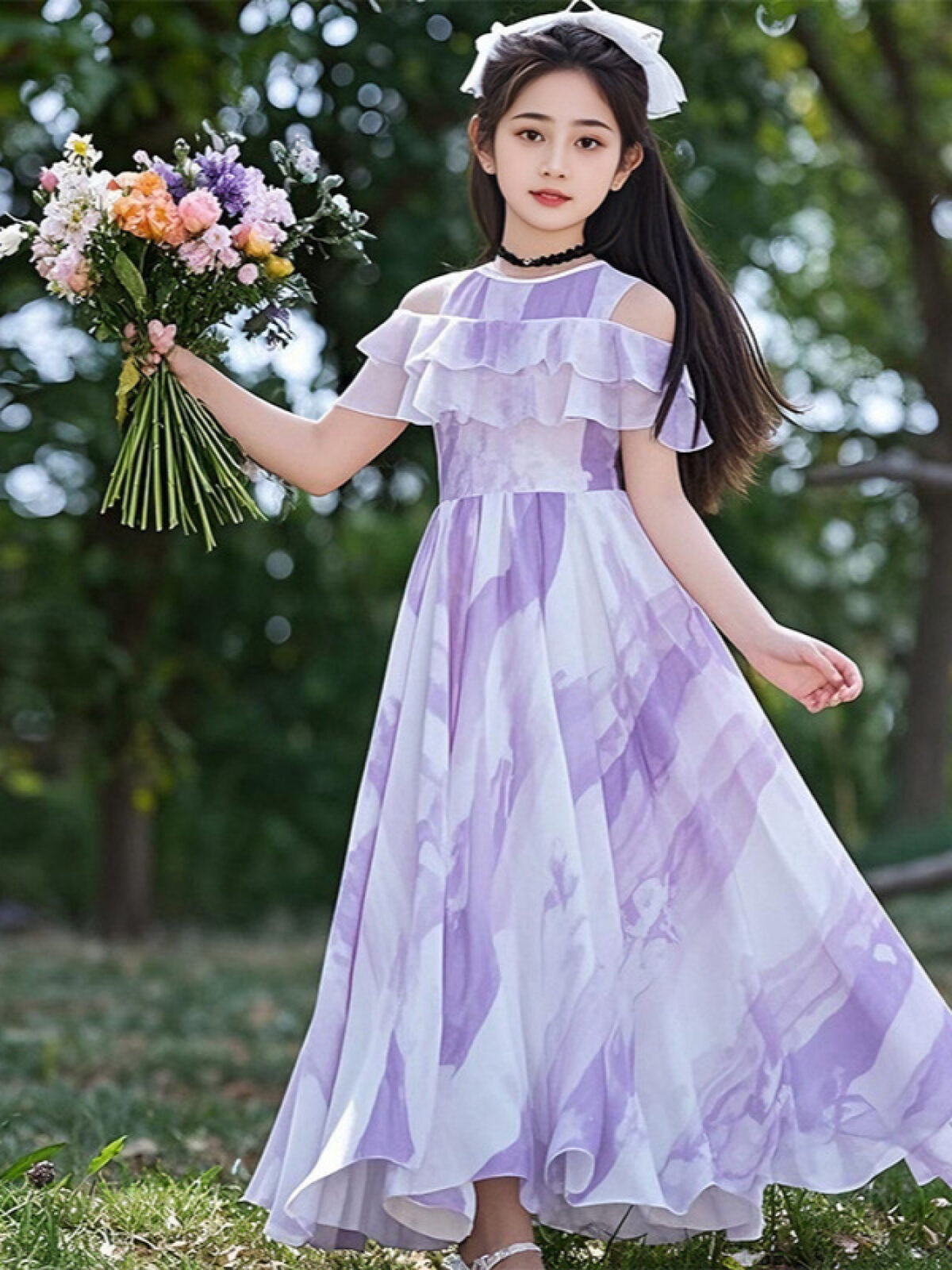Adorable girl twirling in a flowy elegant chiffon dress perfect for summer The dress is in a beautiful summer garden setting