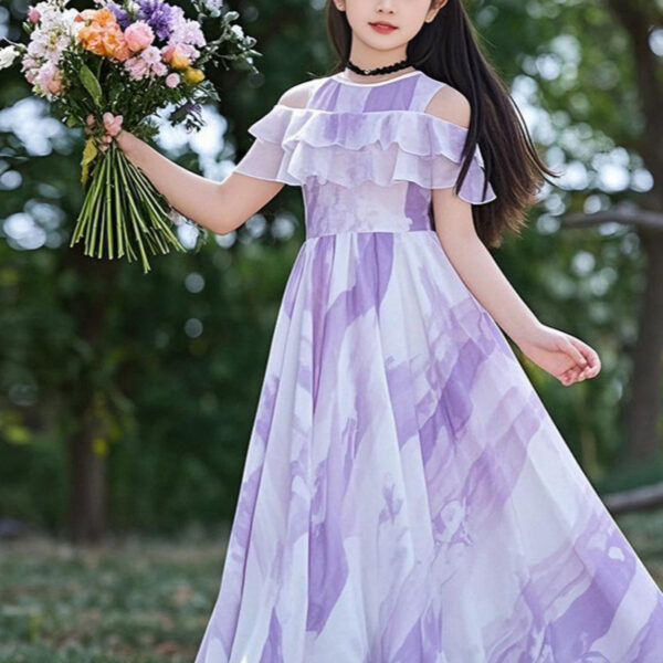 Adorable girl twirling in a flowy, elegant chiffon dress, perfect for summer. The dress is in a beautiful summer garden setting.