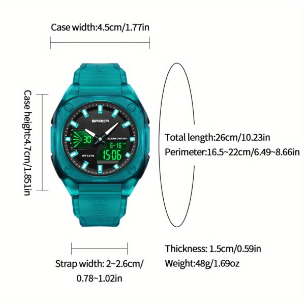 Showcase the SANDA Apex Men's Digital Sports Watch, highlighting its sleek design and durable build. A man is shown wearing the watch during an outdoor activity, emphasizing its suitability for an active lifestyle.