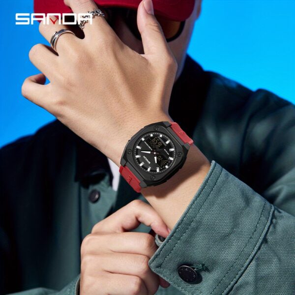 Showcase the SANDA Apex Men's Digital Sports Watch, highlighting its sleek design and durable build. A man is shown wearing the watch during an outdoor activity, emphasizing its suitability for an active lifestyle.