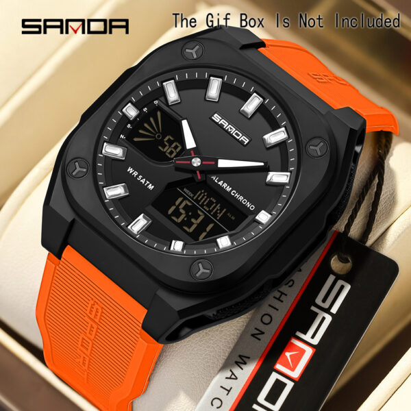 Showcase the SANDA Apex Men's Digital Sports Watch, highlighting its sleek design and durable build. A man is shown wearing the watch during an outdoor activity, emphasizing its suitability for an active lifestyle.