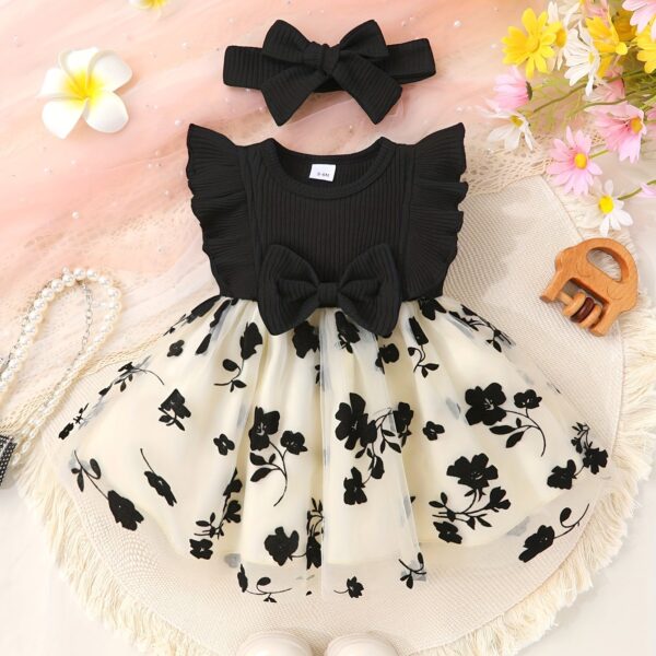 Petite Fleur: A charming girl in a floral mesh dress, twirling happily.
