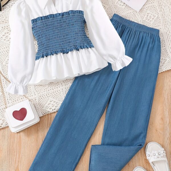 Adorable girls denim set, perfect for autumn. Featuring stylish denim jacket and pants, ideal for casual outings.
