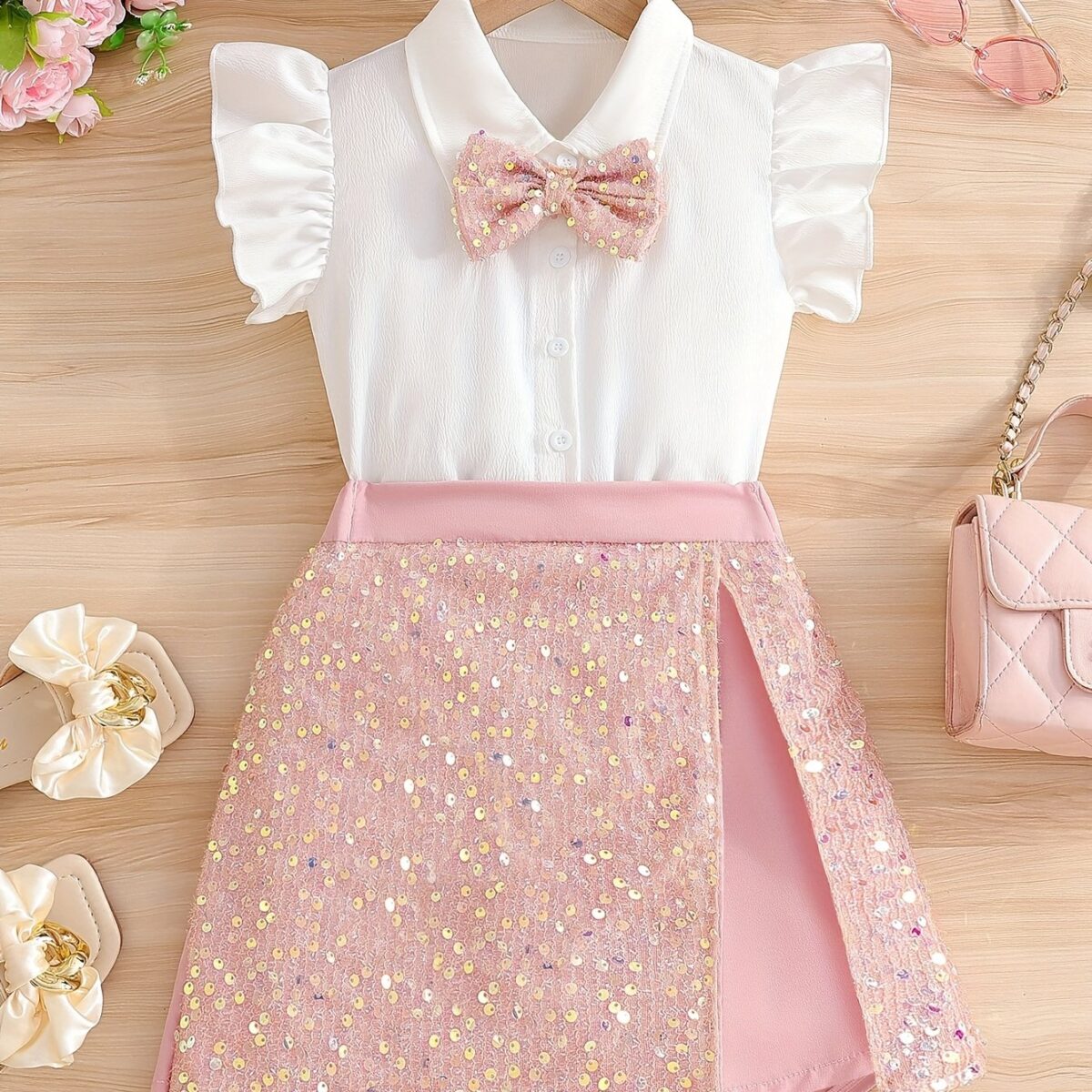 Adorable girls summer outfit Newnesss Summer Sparkle two piece set features a stylish top and coordinating bottom perfect for parties weddings or any special occasion