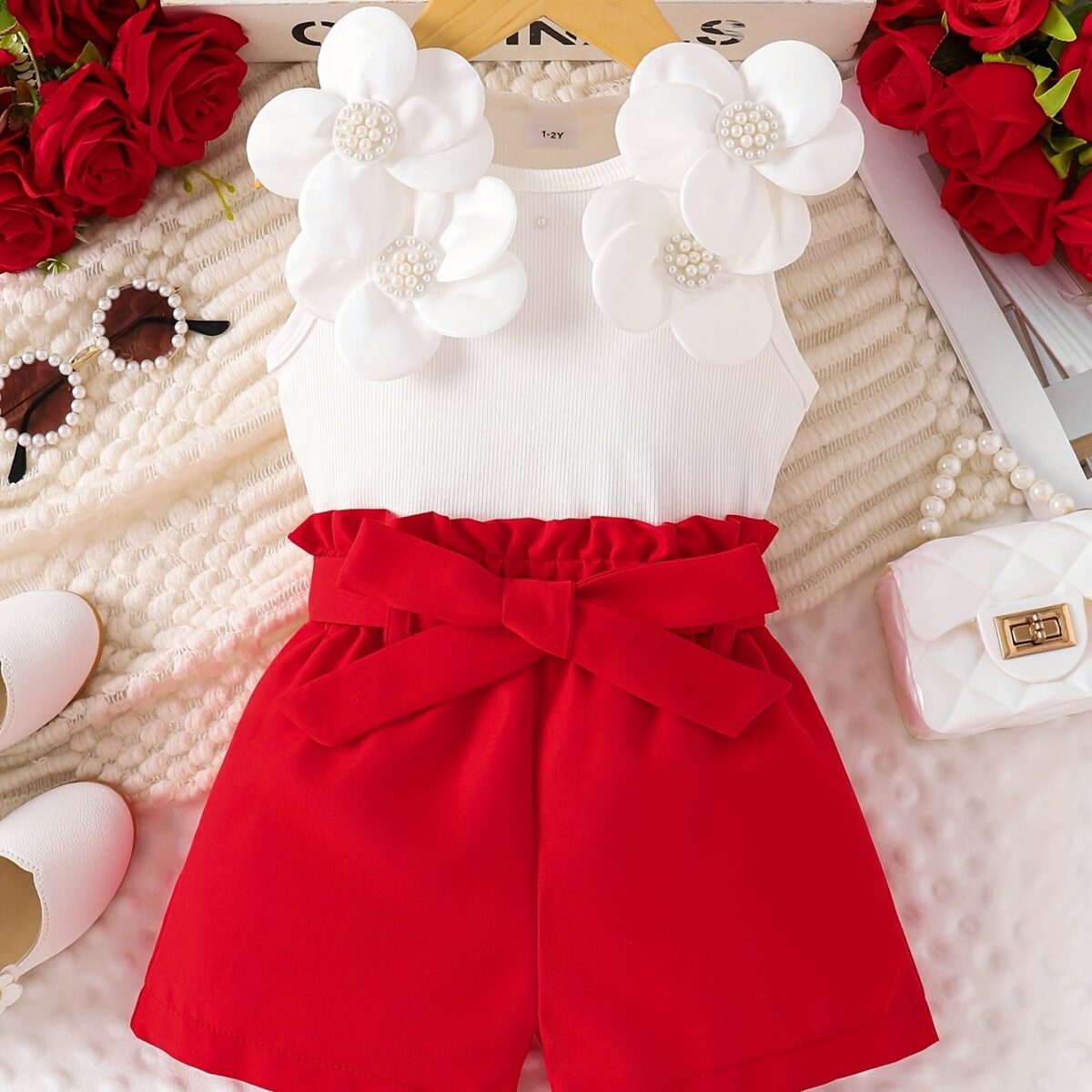 Adorable little girl wearing the Newness Summer Bloom Floral Girls Set playing outdoors in a sunny field The set features a pretty floral print