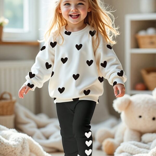 Adorable girls' playful set featuring a sweet heart print, perfect for fall and winter. The outfit includes [mention pieces included, e.g., a sweater and leggings] in soft, comfortable fabrics.