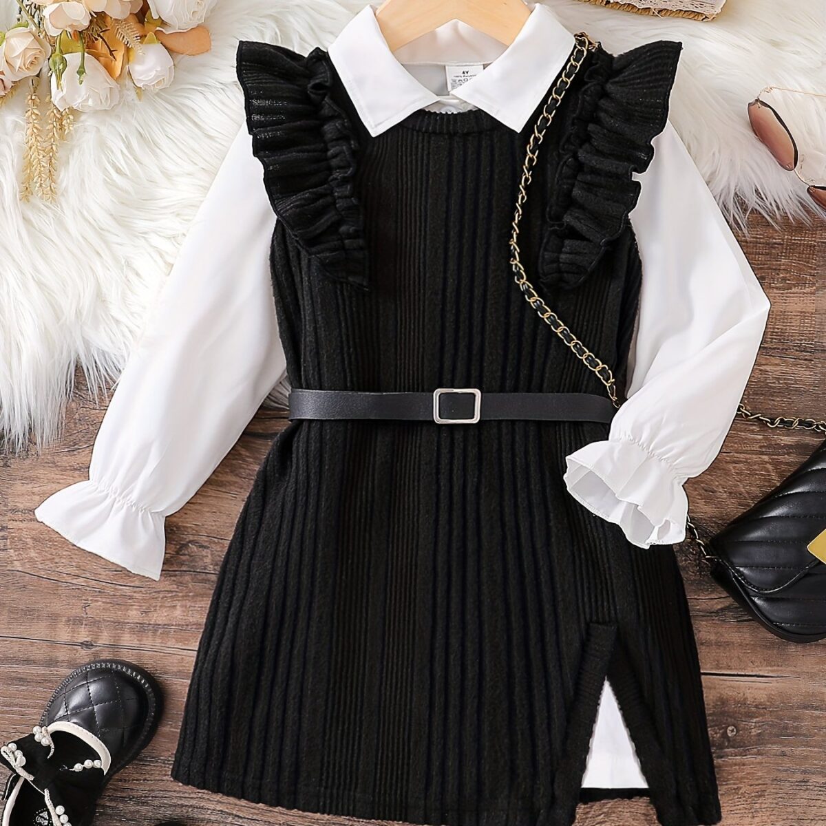 Adorable girls ruffle sleeve knit dress set perfect for spring or autumn The set features a stylish knit dress with elegant ruffle sleeves