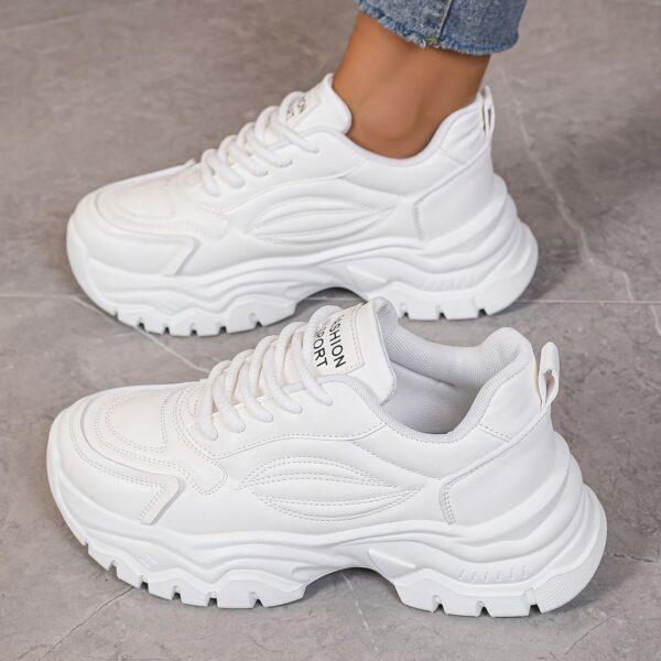 White womens chunky sneakers with geometric embroidery thick sole and lace up closure